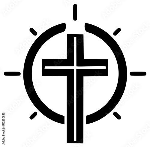 Christian Cross Silhouette Framed with Circle and Rays Religion Symbol Icon Graphic