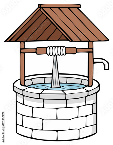 Traditional stone well with wooden roof drawing water with rope and bucket mechanism