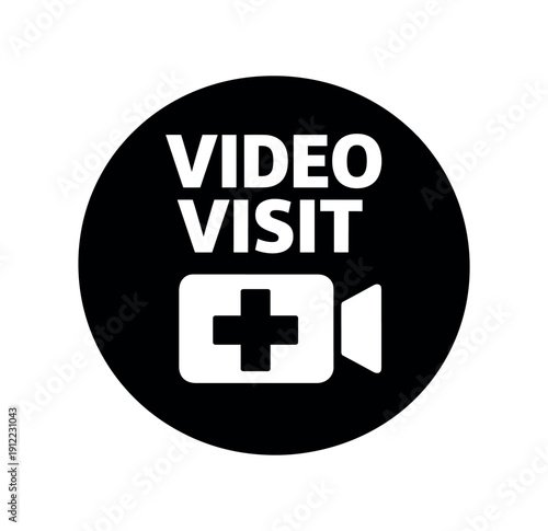 Flat vector badge VIDEO VISIT simple white video camera with medical cross