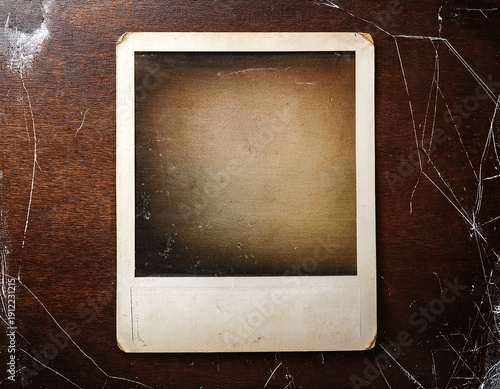 top view on old worn vintage polaroid photo with scratches texture background