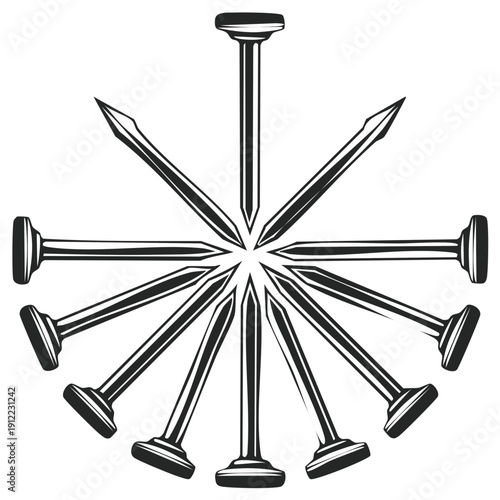 Circular arrangement of sharpened metal nails with flat heads in a radial pattern