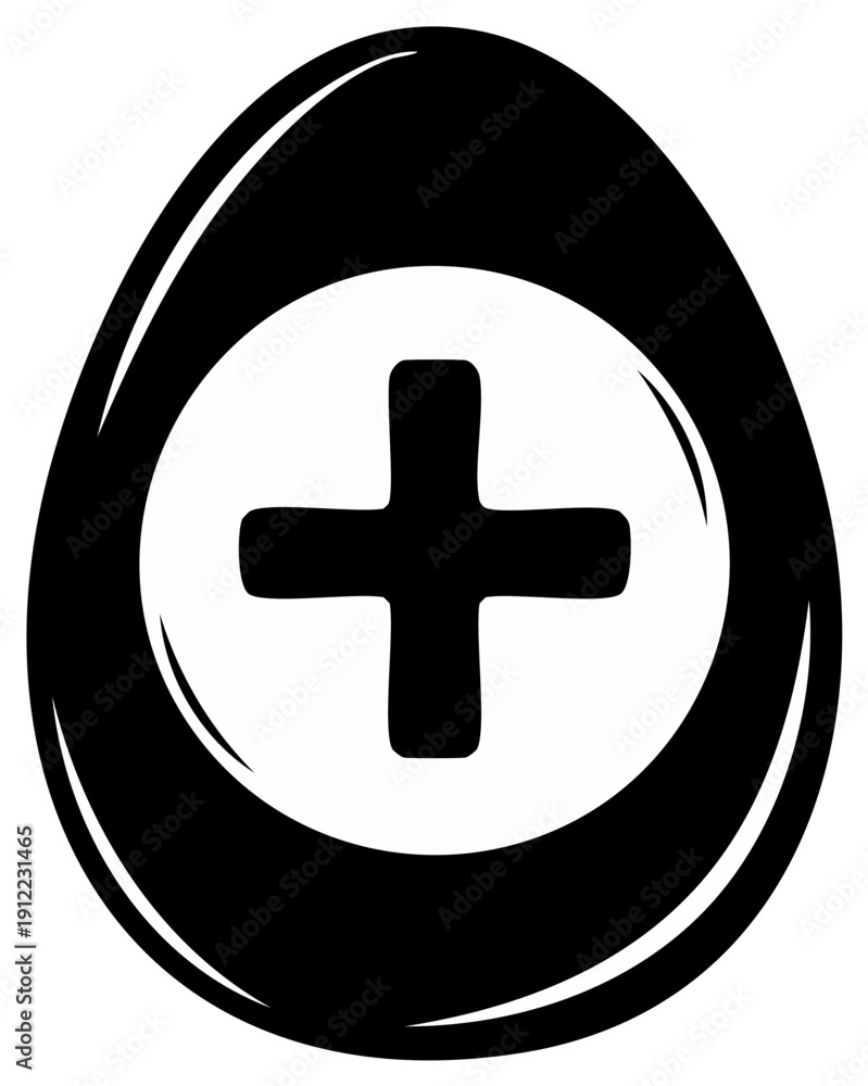 Fototapeta premium Stylized black and white egg shape with a plus symbol inside