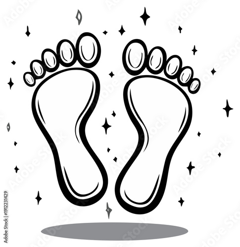 Stylized bare feet footprints outline vector graphic with sparkling elements