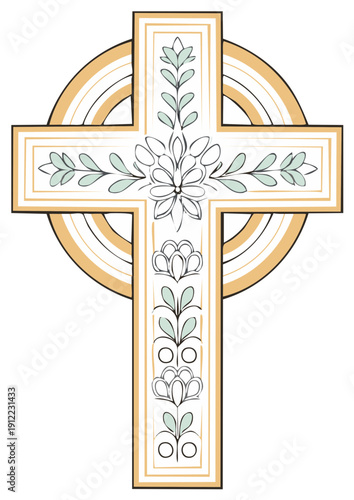 Ornate Celtic cross with hand drawn floral patterns and golden nimbus ring.