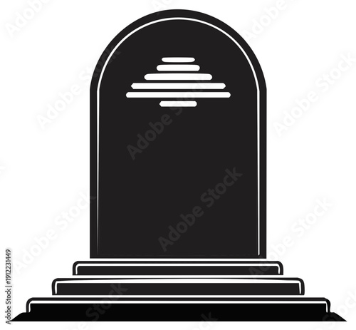 Silhouette illustration of a tombstone with arched top and decorative elements.