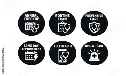 six separate flat vector badges badge solid black circle with the text consistent style and size badge texts and : ANNUAL CHECKUP with calendar stethoscope icon ROUTINE EXAM with clipboard