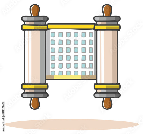 Cartoon Torah scroll on white background illustrates religious artifact