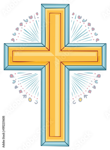 Stylized Christian Cross with Radiating Light and Decorations