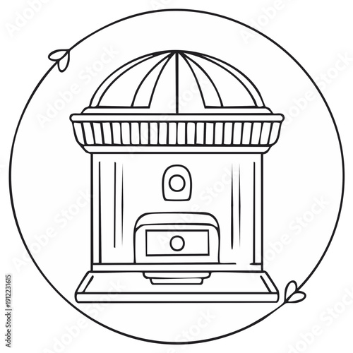 Stylized line drawing of a classical gazebo or pavilion with a domed roof inside a circular frame