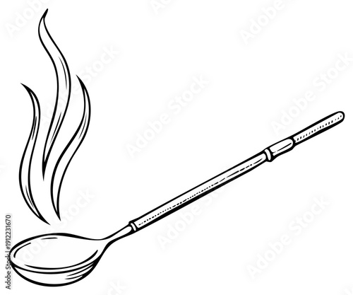 Hand drawn steaming ladle illustration with swirling heat lines for soup or hot liquid