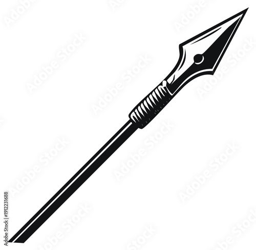 Iconic black and white spear, medieval weapon with sharp arrowhead, fantasy battle equipment, sharp spearhead for war or hunting