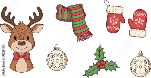 Christmas Holiday Vector Illustration Set Featuring a Cute Reindeer Striped Scarf Winter Mittens Baubles and Holly Berries