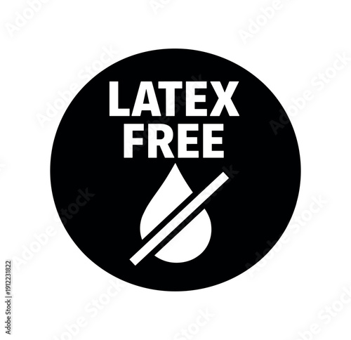 Flat vector badge LATEX FREE simple white latex drop with slash