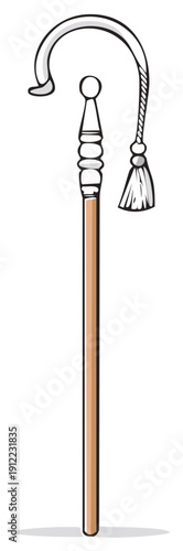 Detailed illustration of a shepherd's crook or cane with decorative tassel and handle