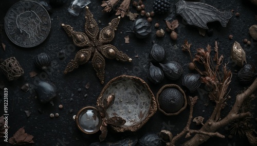 Decorative Items and Natural Elements Arranged on Dark Surface With Various T...