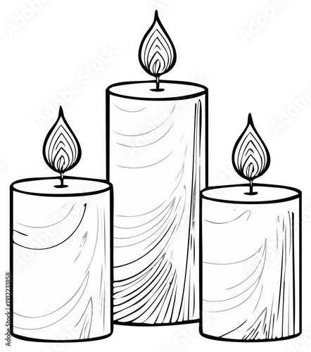 Three lit candles in line drawing style with wispy flames