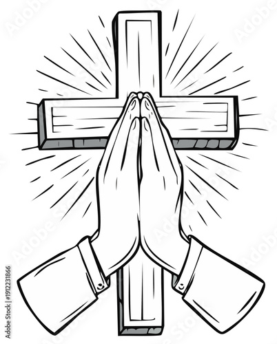 Praying Hands Clasped in Front of a Wooden Cross with Radiating Light