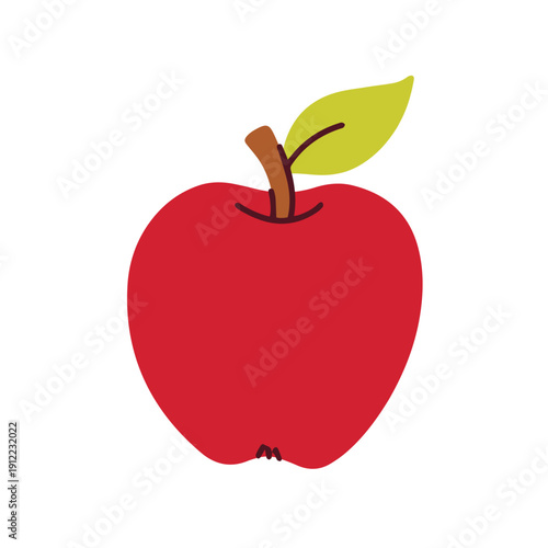 A single, vibrant red apple with a small green leaf attached to the stem. Represents health, education, and the classic symbol of a perfect, ripe, organic fruit.