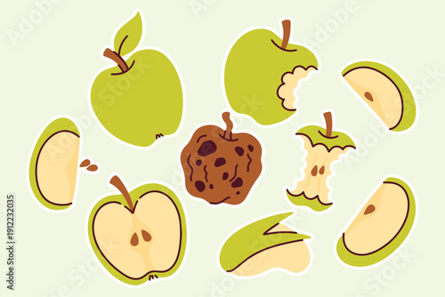 Collection of tart green apples showing various conditions: whole, bitten, sliced, and a brown rotten core. Useful for concepts of food waste, composting, or healthy sour fruit snacks.