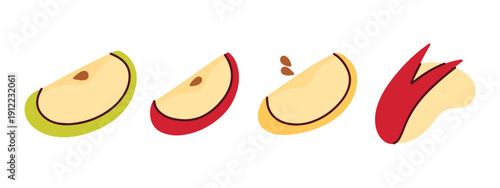 Four apple slices are displayed in a row, featuring red, green, and yellow varieties along with a piece carved into a rabbit shape to encourage children to enjoy healthy food.