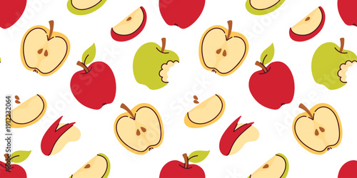 Vibrant seamless pattern showcases a variety of red, green, and yellow apples on a clean background. A cheerful repeating design suitable for grocery branding, cafe decor, or health materials.
