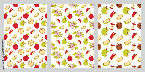 A collection of three distinct seamless patterns featuring spring apple blossoms, colorful ripe fruits, and decaying rotten apples. Versatile set for seasonal, educational, and commercial designs.