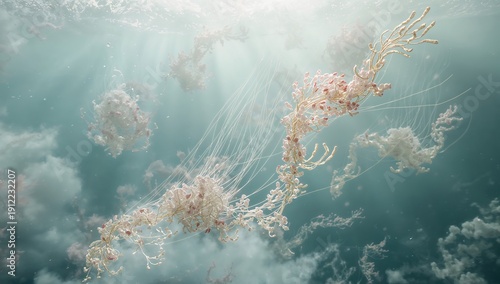 Underwater Scene With Jellyfish Swimming, Light Shining Through Water in Ocea...
