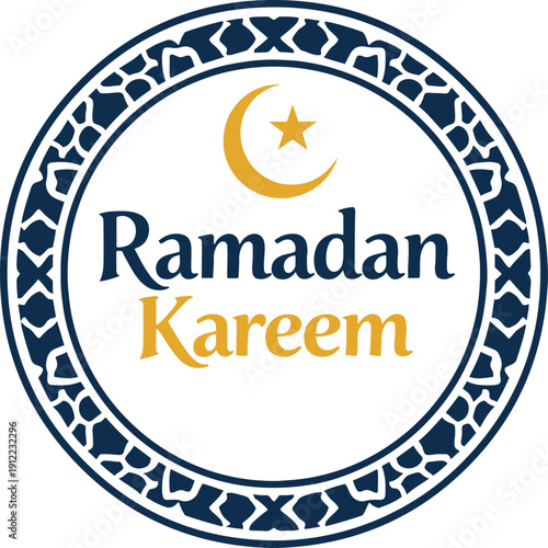 Ramadan Kareem Greeting Badge with Islamic Geometric Border and Crescent Moon