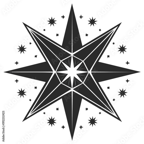 Geometric Celestial Star Design with Outer Stars and Outlines