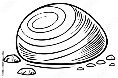 Single rounded pebble with concentric lines and small surrounding stones sketch