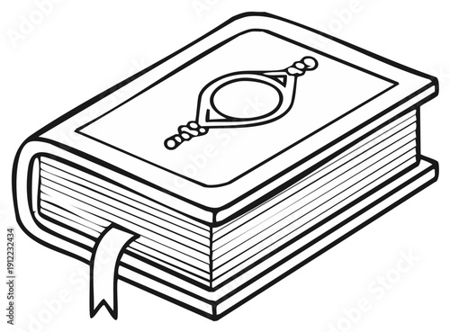Illustration of a Holy Book Outline with a Bookmark, Islamic Scriptures, Religious Symbolism, and Spiritual Guidance
