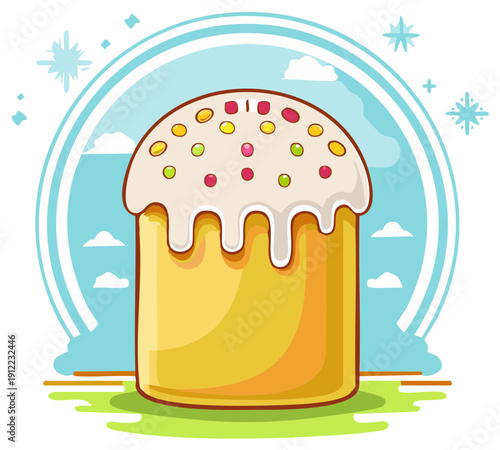 Decorated Easter cake with white icing and colorful sprinkles, served on a grassy field with a cloudy sky.