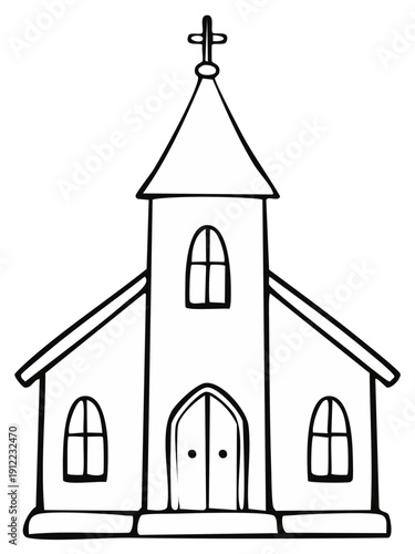 Drawn church building with steeple and arched windows, simple line art illustration
