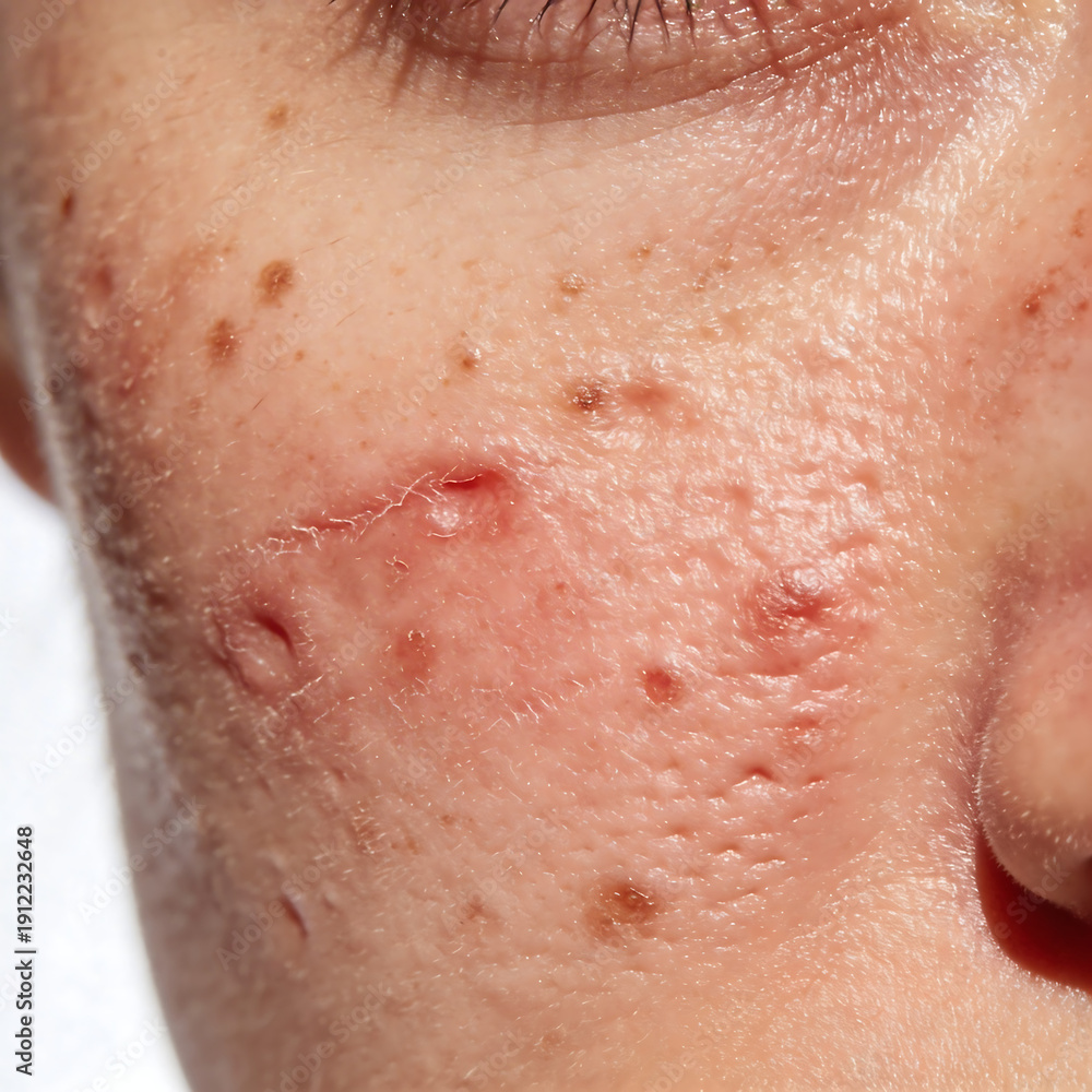 Fototapeta premium Close-up of skin with acne and blemishes on a person's face 