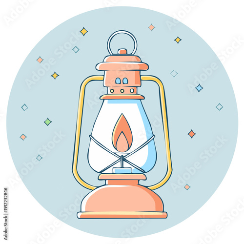Illuminating vintage kerosene lantern with a warm glowing flame and scattered stars