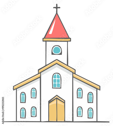 Cartoon drawing of a charming white church with red roof, cross on top, and blue windows, set in a simple style.