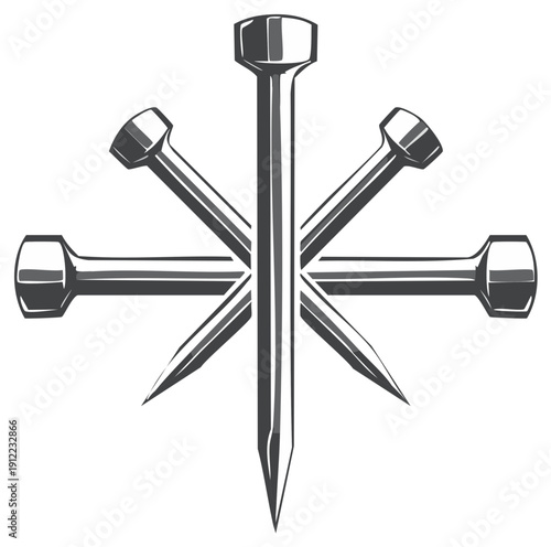 Metallic construction fasteners arranged in a powerful symbolic cross vector graphic illustration