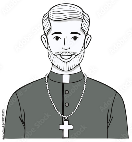 Bearded Man in Clerical Attire with Rosary Necklace, Illustration