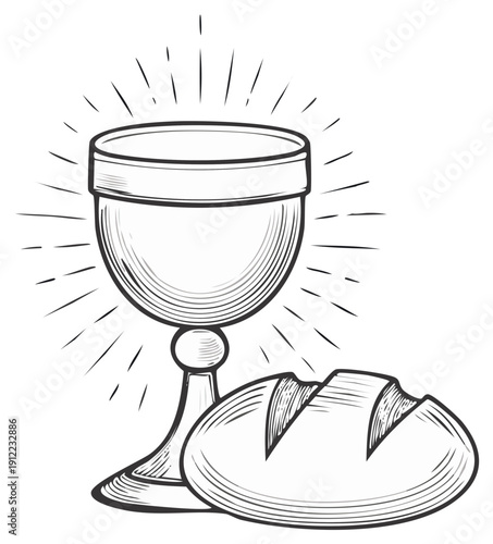 Religious Symbol of Chalice and Bread with Radiant Rays in a Vintage Style Illustration