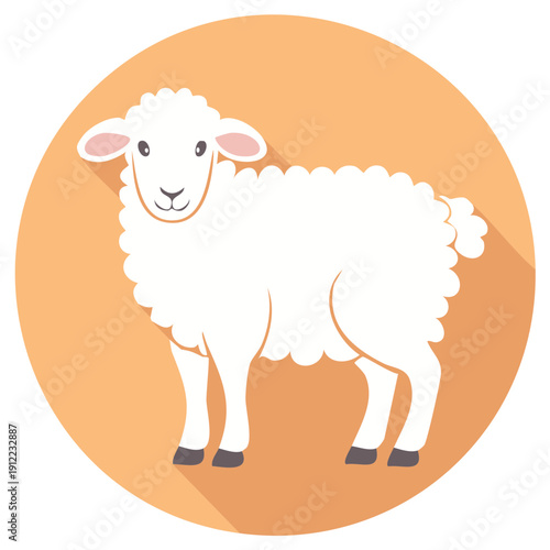 Fluffy White Sheep Standing Profile on Peach Circle Cute Wooly Lamb Animal Farm Livestock