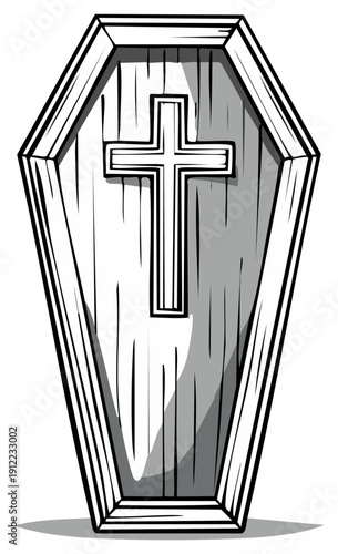Stylized coffin drawing with a cross - death illustration and concept of mourning
