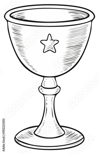 Hand drawn sketch illustration of a magic chalice with a star emblem