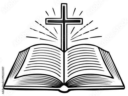 Christianity Symbol Open Bible and Cross with Rays of Light Religious Faith Concept