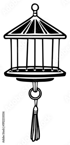 Black and white line art decorative lantern or cage with elegant hanging tassel