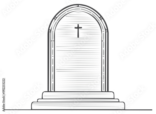 Sketchy Arch Top Tombstone with Cross Outline Design in Etching Style