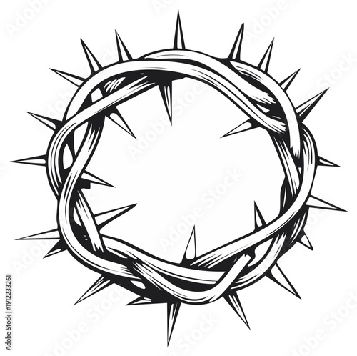 Ink drawing of a crown of thorns symbol representing religious themes