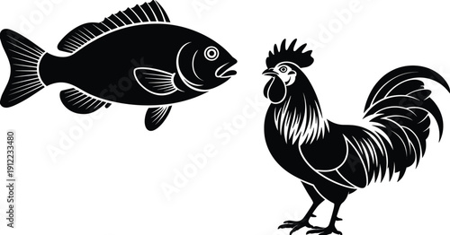 Fish and rooster silhouettes, farm and seafood animals, black vector illustration, agriculture wildlife icon, minimalist logo clipart set