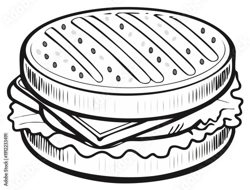 Drawing of a Sandwich: Grilled Breads, Cheese and Lettuce, Outline Icon, Food Vector