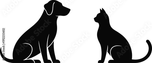 Dog and cat silhouette, facing pet pair, black animal vector illustration, domestic pets icon, minimalist logo design, isolated clipart