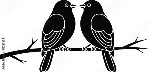 Two black lovebirds silhouette, perched on branch, romantic couple birds, minimalist vector icon, nature wildlife illustration design logo clipart symbol